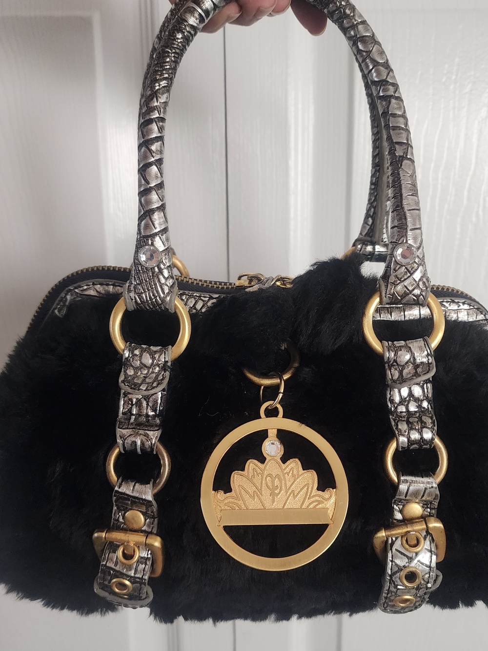 Y2K Paris Hilton Black Fuzzy Gold Accent Bling Small Hand Bag Purse
